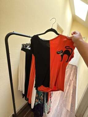 The Oblong Box Shop Black Cat Color Block Top and Matching Skirt Halloween Retro